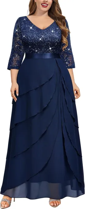 MISSMAY Women's Plus Size Sequins Lace Ruffle Tiered Layered Chiffon Formal Maxi Dress