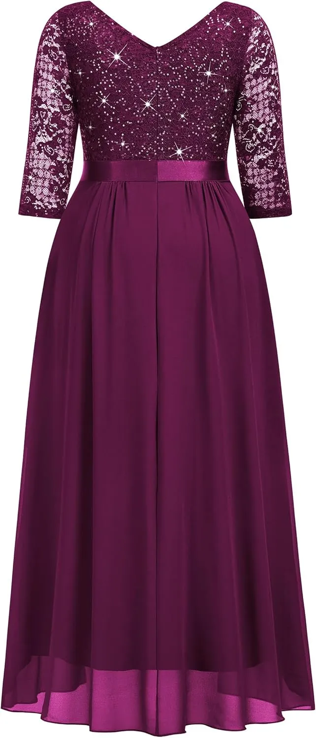 MISSMAY Women's Plus Size Sequins Lace Ruffle Tiered Layered Chiffon Formal Maxi Dress