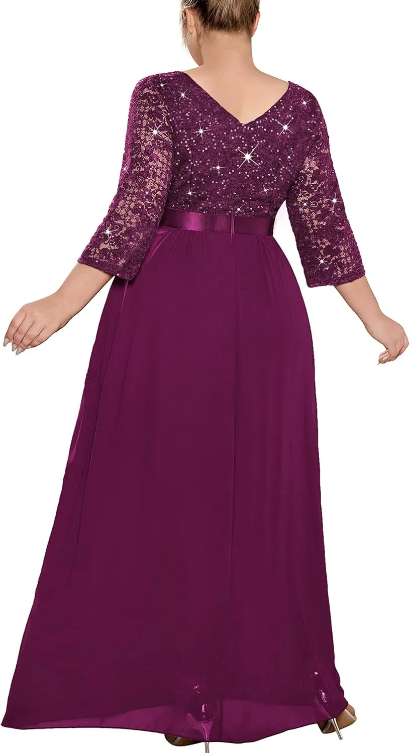 MISSMAY Women's Plus Size Sequins Lace Ruffle Tiered Layered Chiffon Formal Maxi Dress