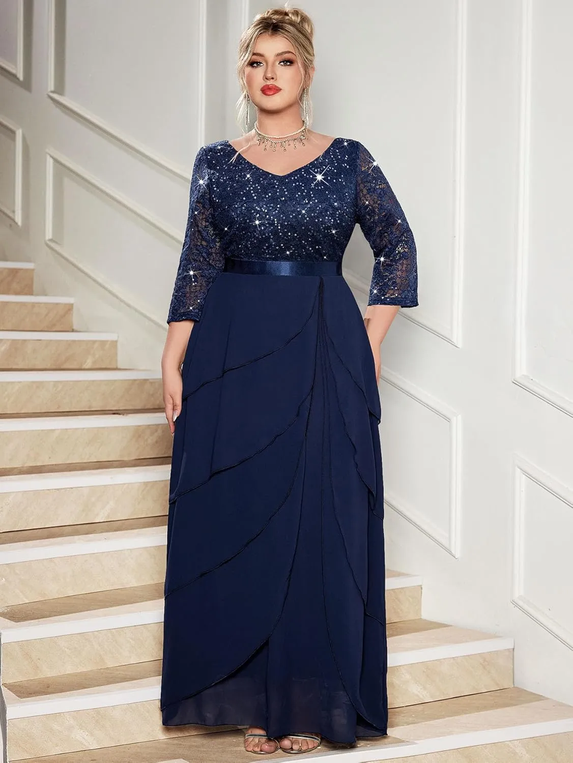 MISSMAY Women's Plus Size Sequins Lace Ruffle Tiered Layered Chiffon Formal Maxi Dress