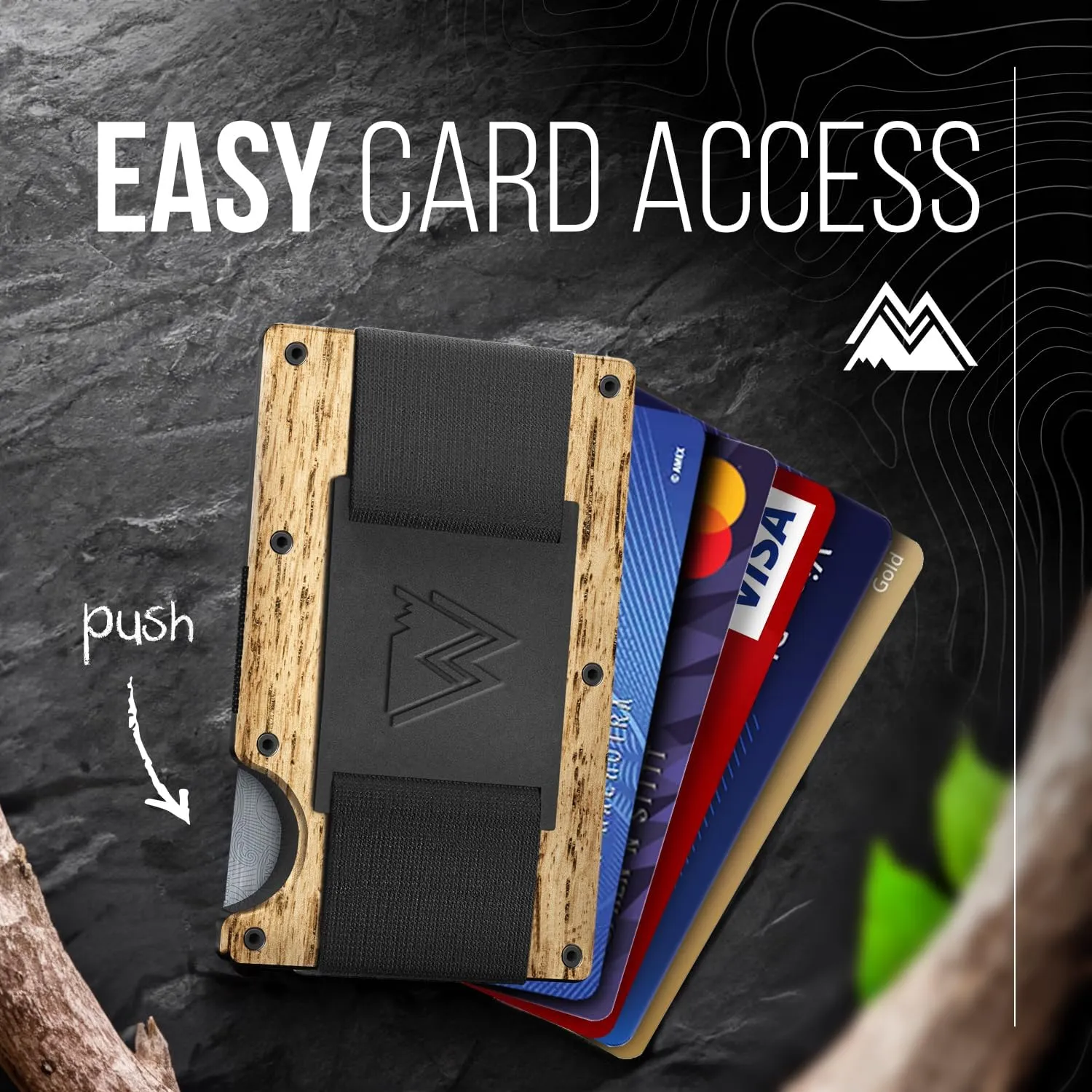 Mountain Voyage Co Minimalist Cash Strap - Slim RFID Blocking Wallet for Men & Women - Scratch Resistant, Credit Card Holder, Easily Removable Money & Cards, Aluminium Wallet (Beech Wood Carbon)