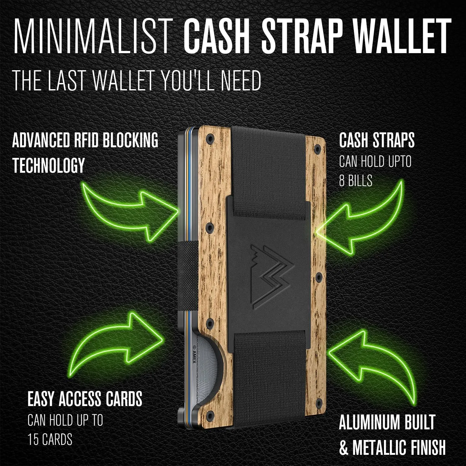 Mountain Voyage Co Minimalist Cash Strap - Slim RFID Blocking Wallet for Men & Women - Scratch Resistant, Credit Card Holder, Easily Removable Money & Cards, Aluminium Wallet (Beech Wood Carbon)