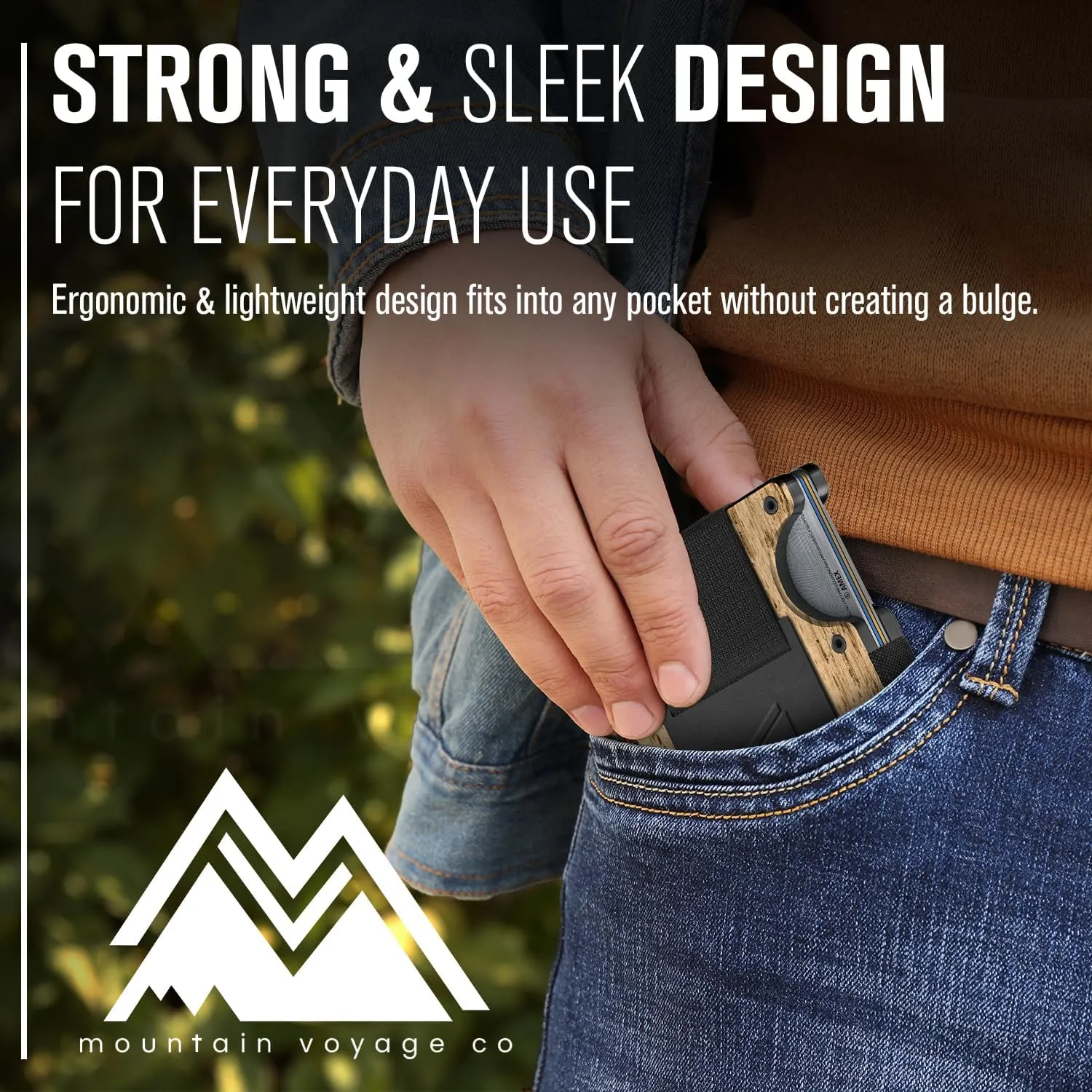 Mountain Voyage Co Minimalist Cash Strap - Slim RFID Blocking Wallet for Men & Women - Scratch Resistant, Credit Card Holder, Easily Removable Money & Cards, Aluminium Wallet (Beech Wood Carbon)