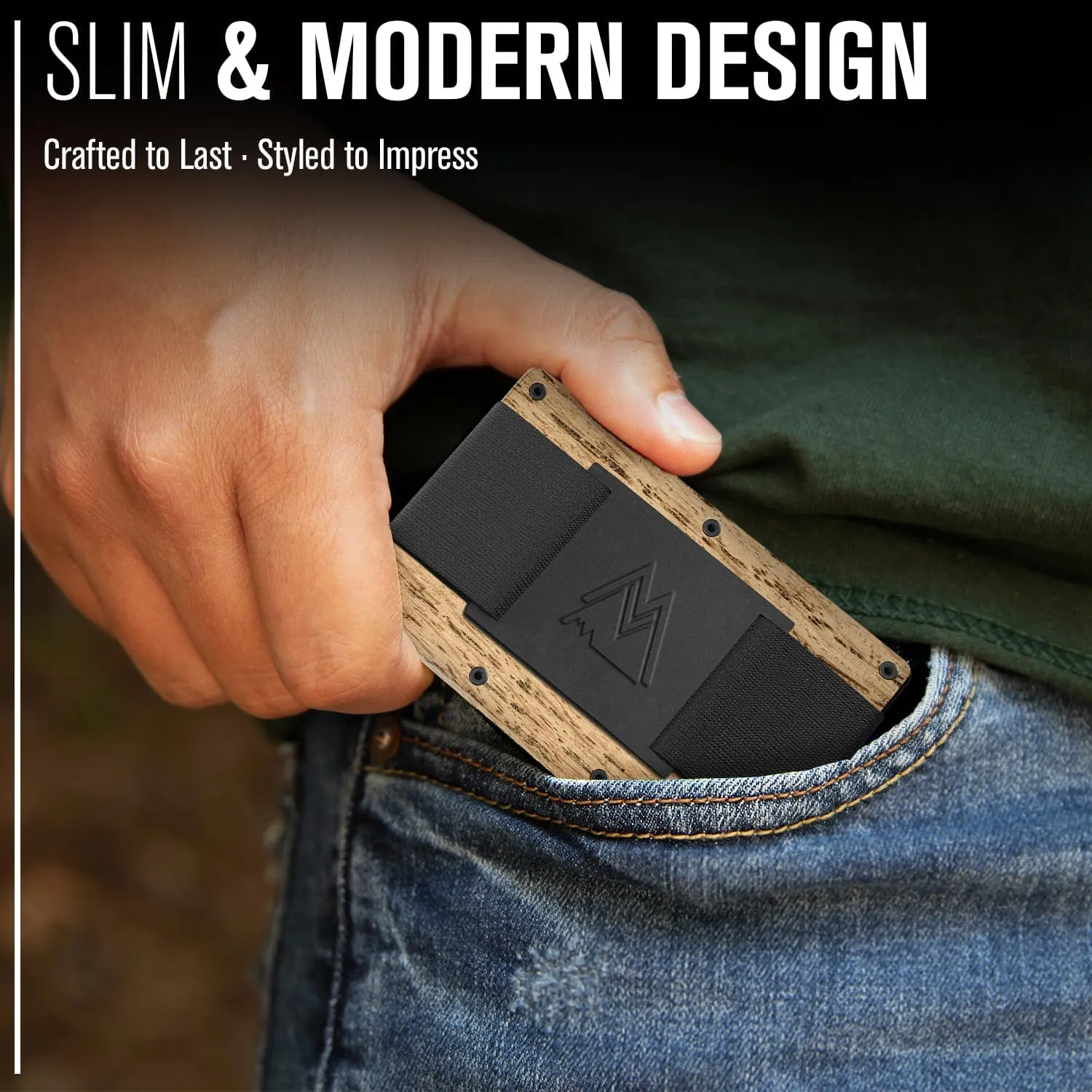 Mountain Voyage Co Minimalist Cash Strap - Slim RFID Blocking Wallet for Men & Women - Scratch Resistant, Credit Card Holder, Easily Removable Money & Cards, Aluminium Wallet (Beech Wood Carbon)