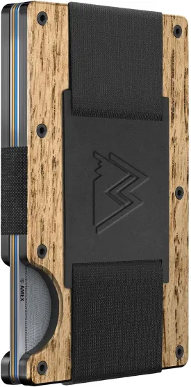 Mountain Voyage Co Minimalist Cash Strap - Slim RFID Blocking Wallet for Men & Women - Scratch Resistant, Credit Card Holder, Easily Removable Money & Cards, Aluminium Wallet (Beech Wood Carbon)