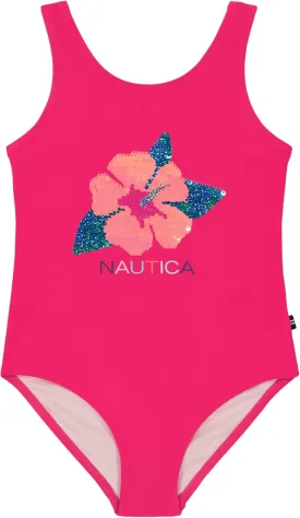 Nautica Girls' One-Piece Swimsuit with UPF 50  Sun Protection, Quick Drying Bathing Suit