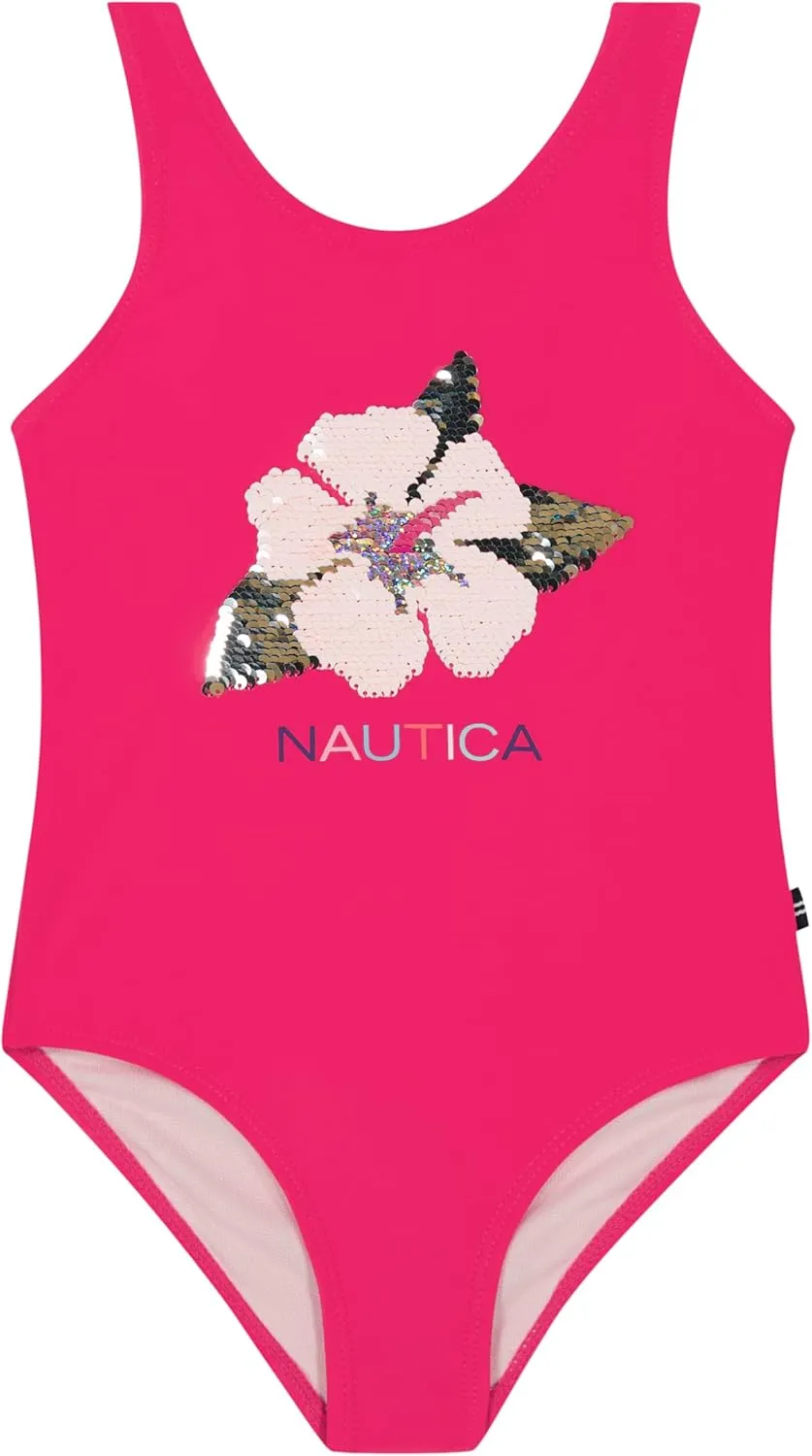 Nautica Girls' One-Piece Swimsuit with UPF 50  Sun Protection, Quick Drying Bathing Suit