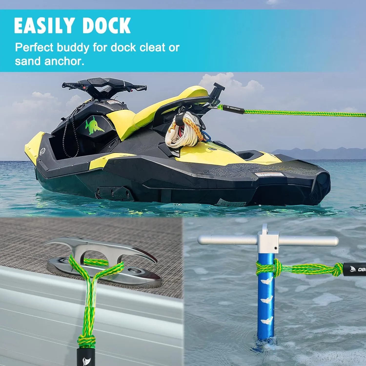 Obcursco 4FT Bungee Dock Lines,Boat Dock Rope,Jet Ski Accessories with 316 Stainless Steel Clip for Kayak,Seadoo,Pontoon,Yamaha WaveRunner,Canoe (2 Pack, Black)