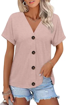 ORANDESIGNE Women's Short Sleeve V Neck Tops Casual Button Down Summer T Shirts Basic Ladies Tees