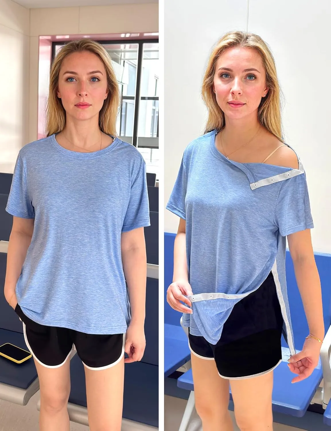 Post Shoulder Surgery Shirts for Women- Short Sleeve-Full Snap-Open Arm Shoulder Recovery Clothing Chemo Clothing