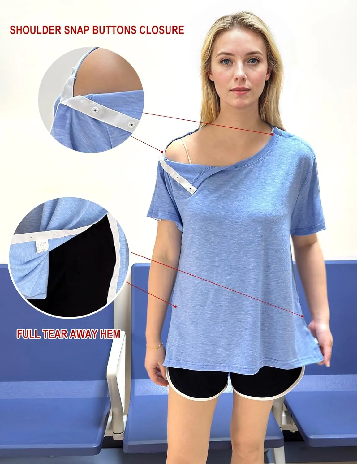 Post Shoulder Surgery Shirts for Women- Short Sleeve-Full Snap-Open Arm Shoulder Recovery Clothing Chemo Clothing