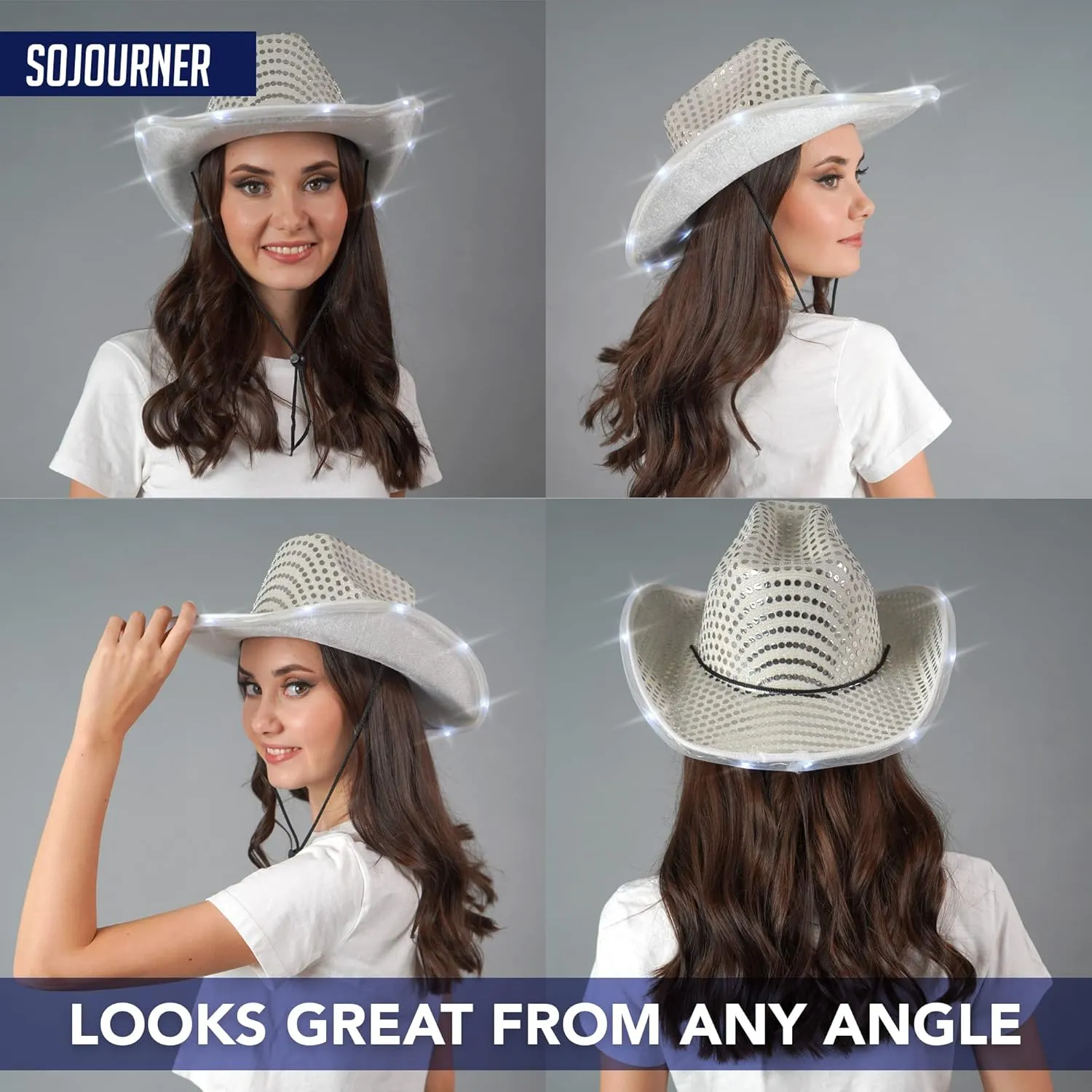 SoJourner Bags Neon Sparkly Glitter Space Cowboy Hat - Fun Metallic Holographic Party Disco Cowgirl Hat
