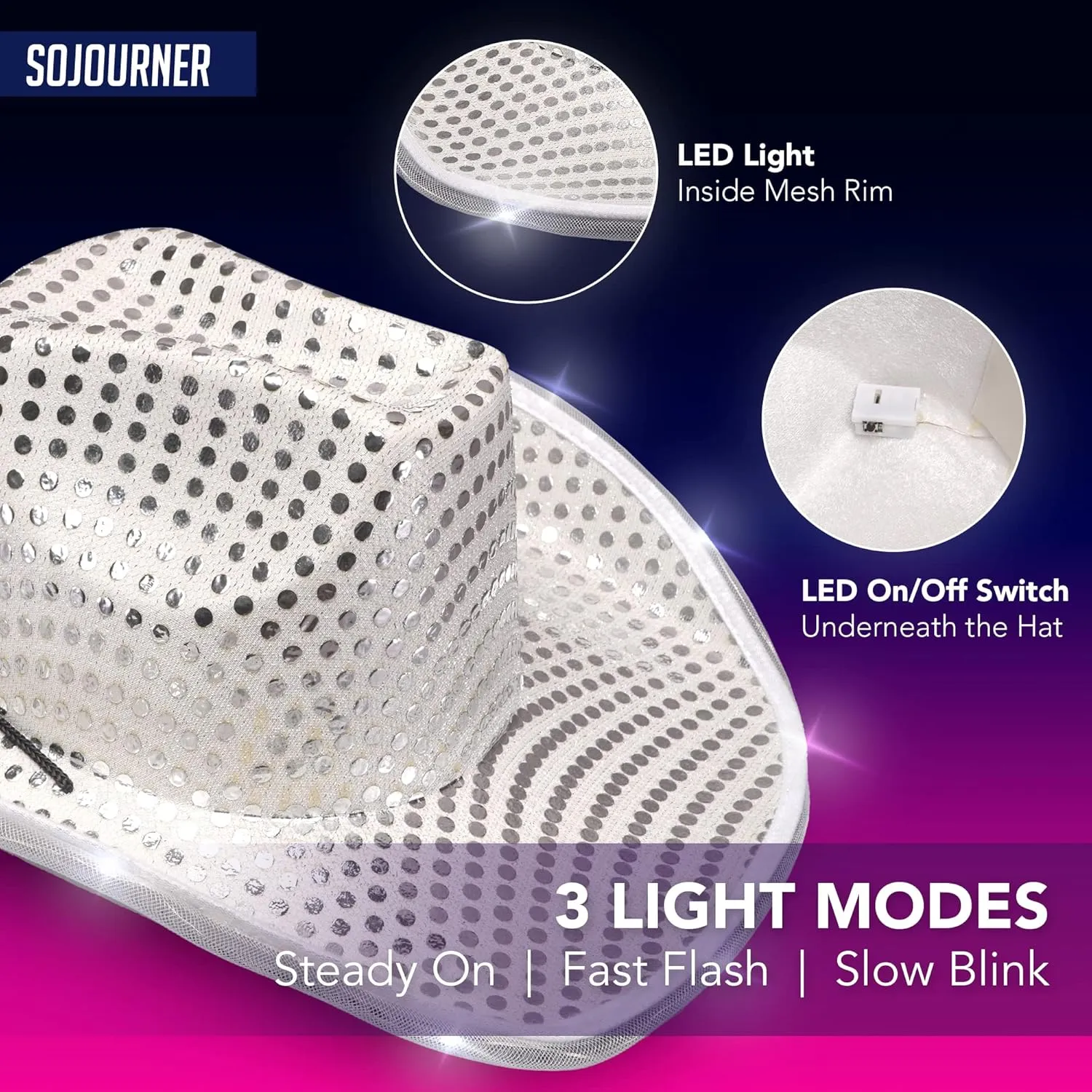 SoJourner Bags Neon Sparkly Glitter Space Cowboy Hat - Fun Metallic Holographic Party Disco Cowgirl Hat