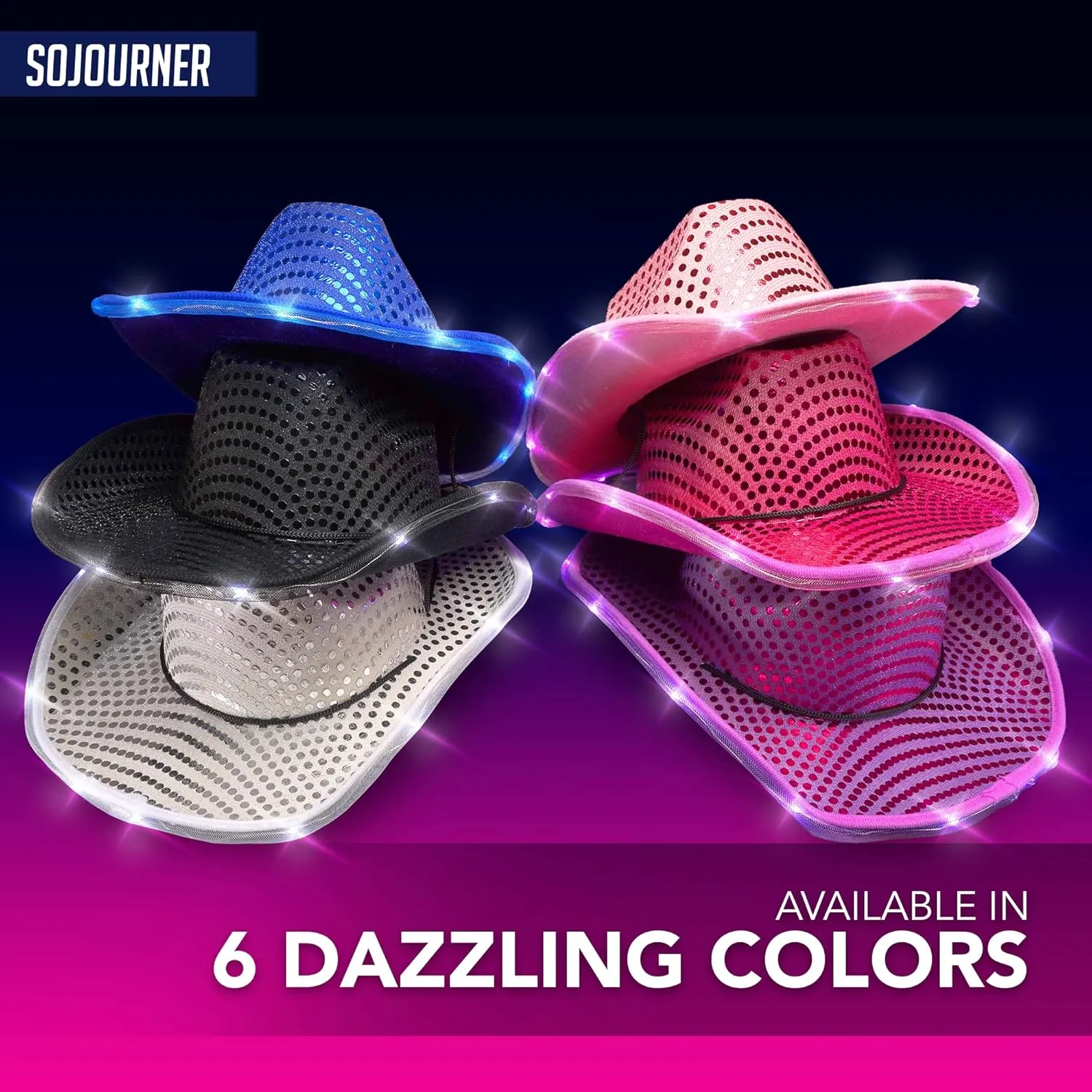 SoJourner Bags Neon Sparkly Glitter Space Cowboy Hat - Fun Metallic Holographic Party Disco Cowgirl Hat