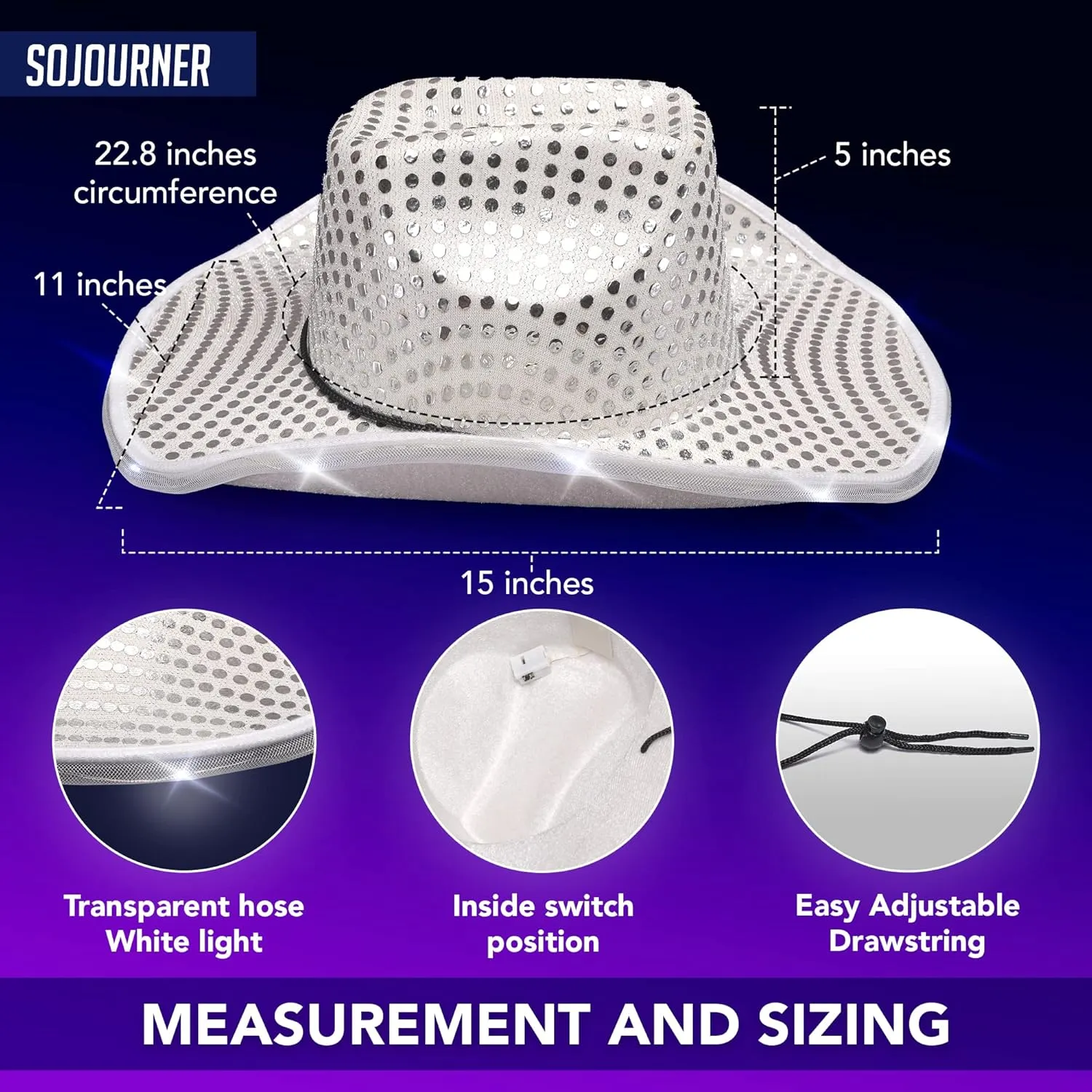 SoJourner Bags Neon Sparkly Glitter Space Cowboy Hat - Fun Metallic Holographic Party Disco Cowgirl Hat