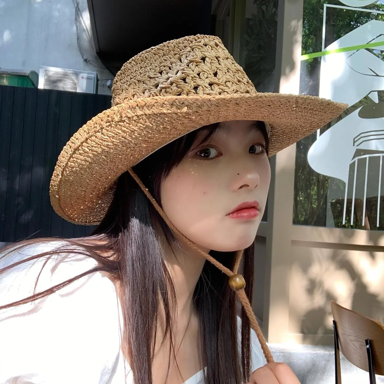 Straw Cowboy Sun Hat for Women/Kids Western Style Shapeable Country UPF 50  Cap