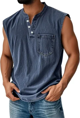 Tank Tops Men Big and Tall Henley Shirts Sleeveless Muscle Gym Workout Running Beach Summer Vintage Button Up Biker Tee Vest