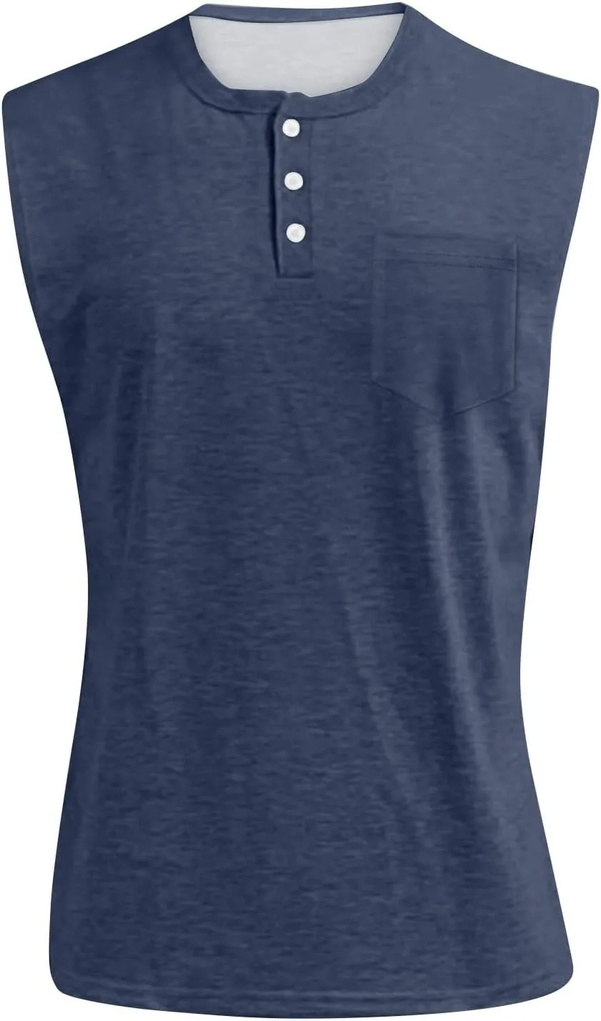 Tank Tops Men Big and Tall Henley Shirts Sleeveless Muscle Gym Workout Running Beach Summer Vintage Button Up Biker Tee Vest