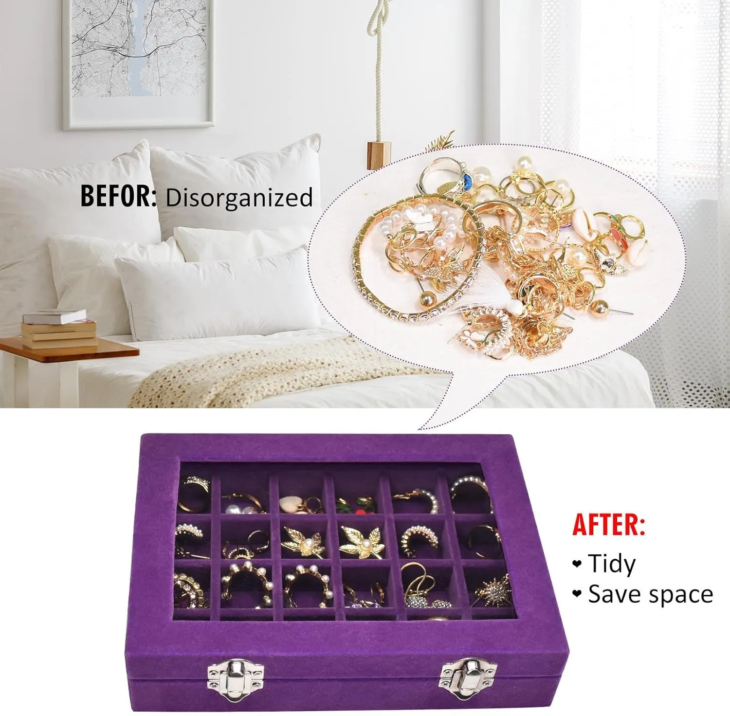 Velvet Jewelry Box 24 Grid Jewelry Ring Display Organiser Box Tray Holder Earrings Storage Case for Girls Wife Mom Women (Purple)