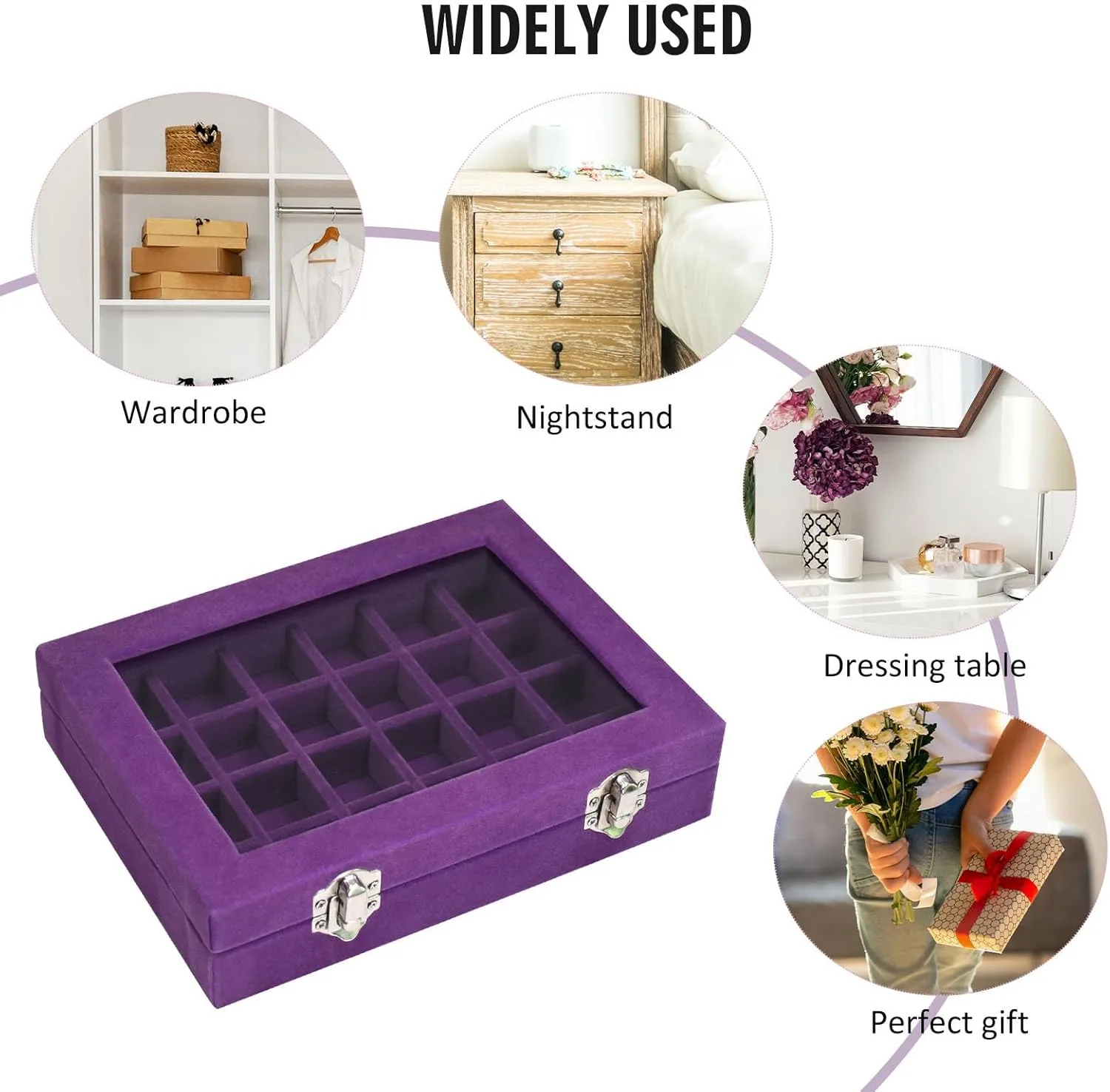 Velvet Jewelry Box 24 Grid Jewelry Ring Display Organiser Box Tray Holder Earrings Storage Case for Girls Wife Mom Women (Purple)