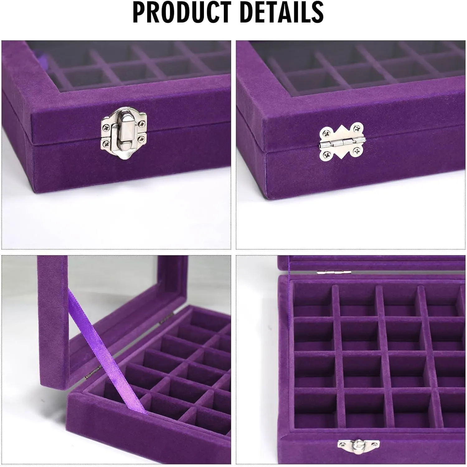 Velvet Jewelry Box 24 Grid Jewelry Ring Display Organiser Box Tray Holder Earrings Storage Case for Girls Wife Mom Women (Purple)