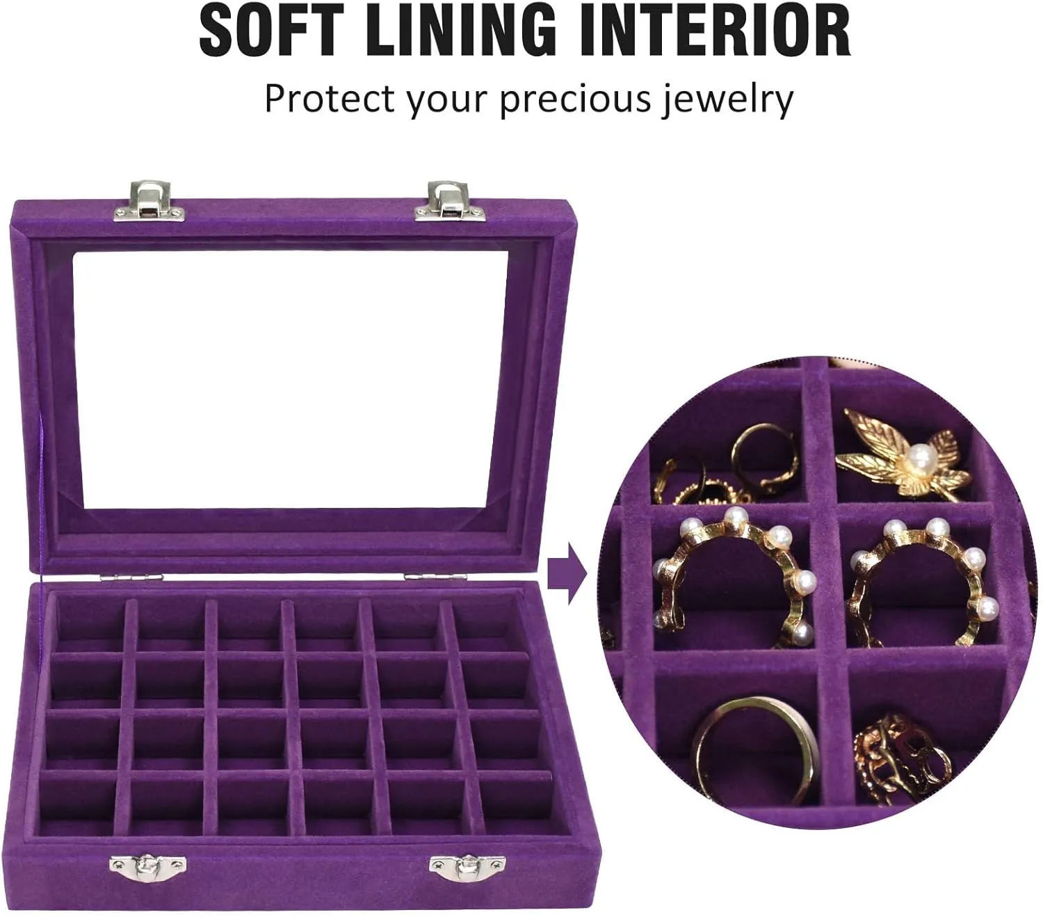 Velvet Jewelry Box 24 Grid Jewelry Ring Display Organiser Box Tray Holder Earrings Storage Case for Girls Wife Mom Women (Purple)