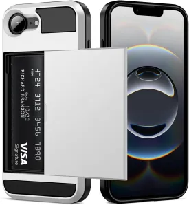 Vofolen for iPhone 16e Case with Card Holder Dual Layer Heavy Duty Drop Protection Hidden Sliding Card Slot Slim Wallet Phone Case for iPhone 16e for Women Men, 6.1 Inch White