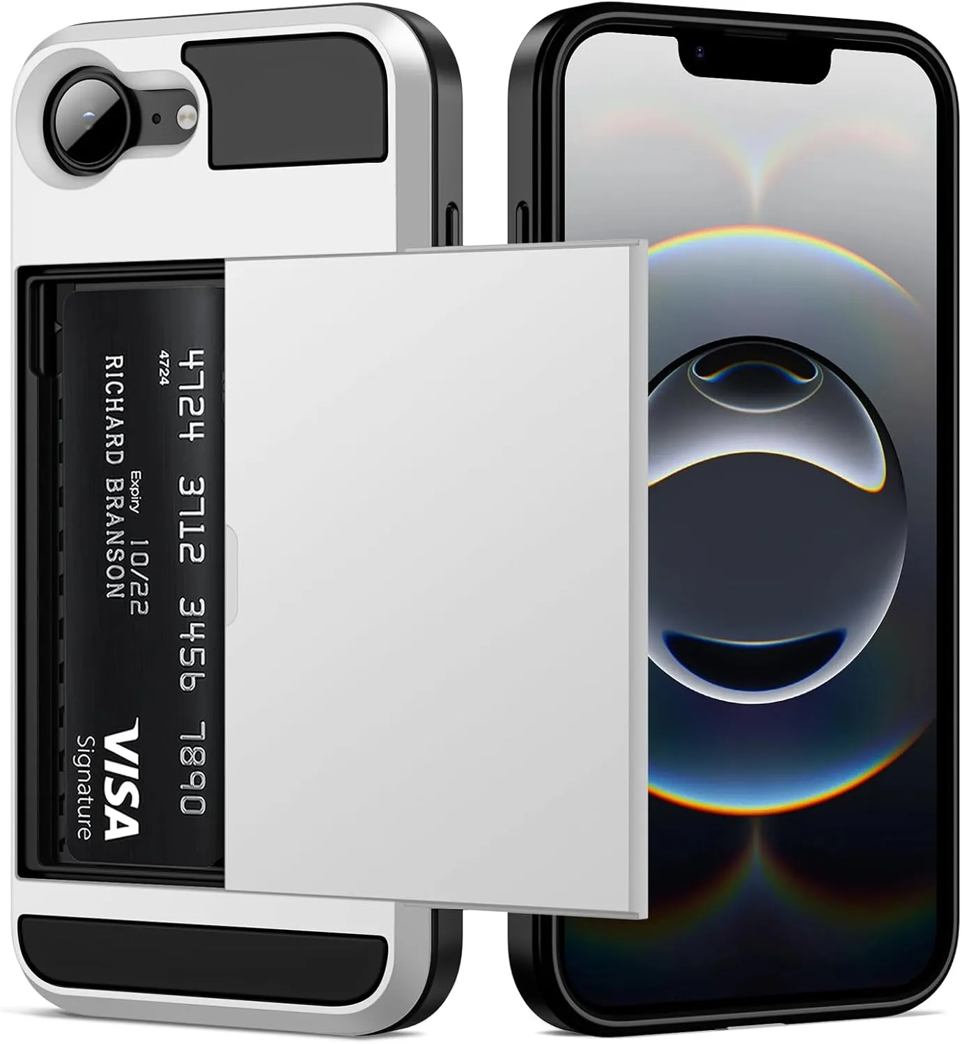 Vofolen for iPhone 16e Case with Card Holder Dual Layer Heavy Duty Drop Protection Hidden Sliding Card Slot Slim Wallet Phone Case for iPhone 16e for Women Men, 6.1 Inch White