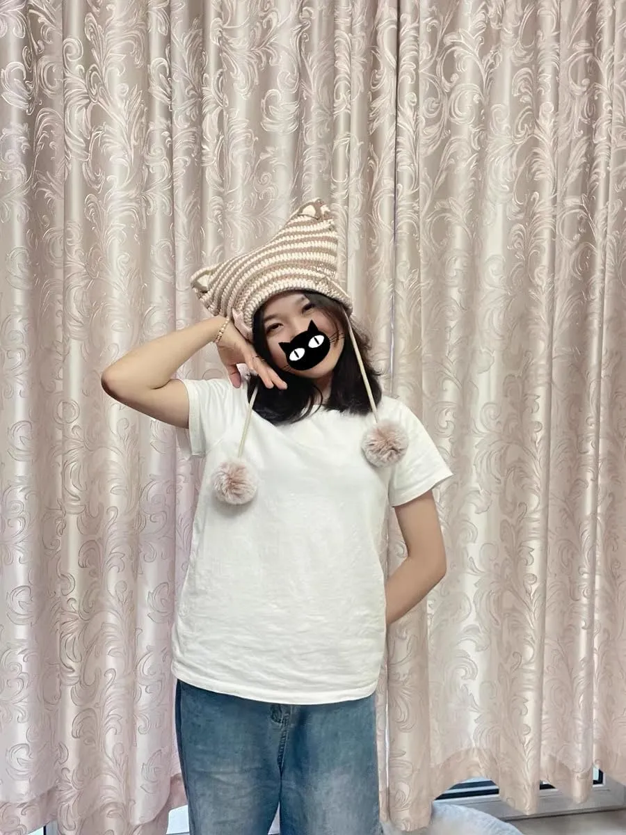 Women Y2K Cat Ear Beanie Hat with Pom Poms Star Accessories Goth Grunge Crochet Knitted Slouchy Skully Caps Alt Emo Clothes