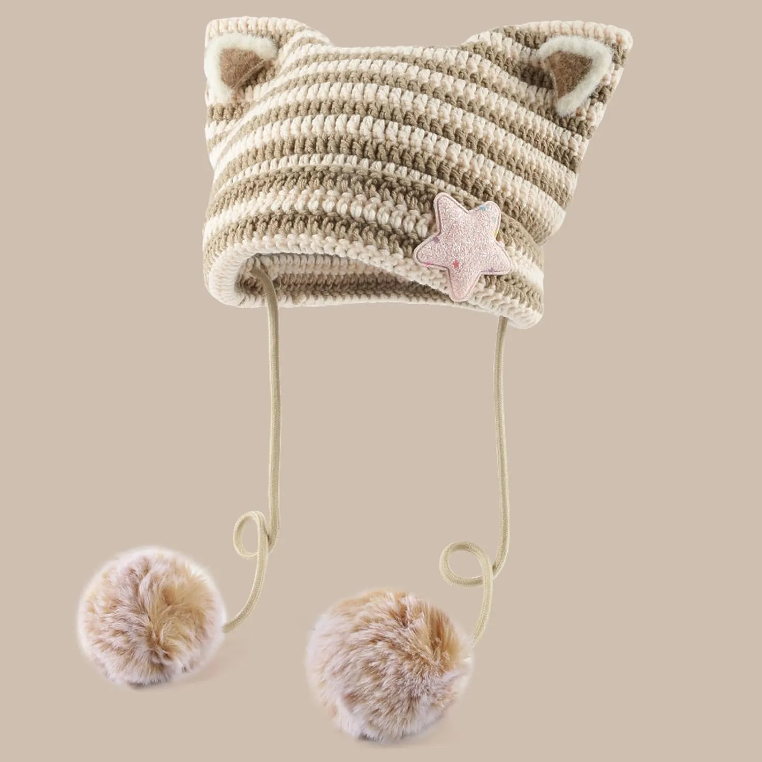 Women Y2K Cat Ear Beanie Hat with Pom Poms Star Accessories Goth Grunge Crochet Knitted Slouchy Skully Caps Alt Emo Clothes