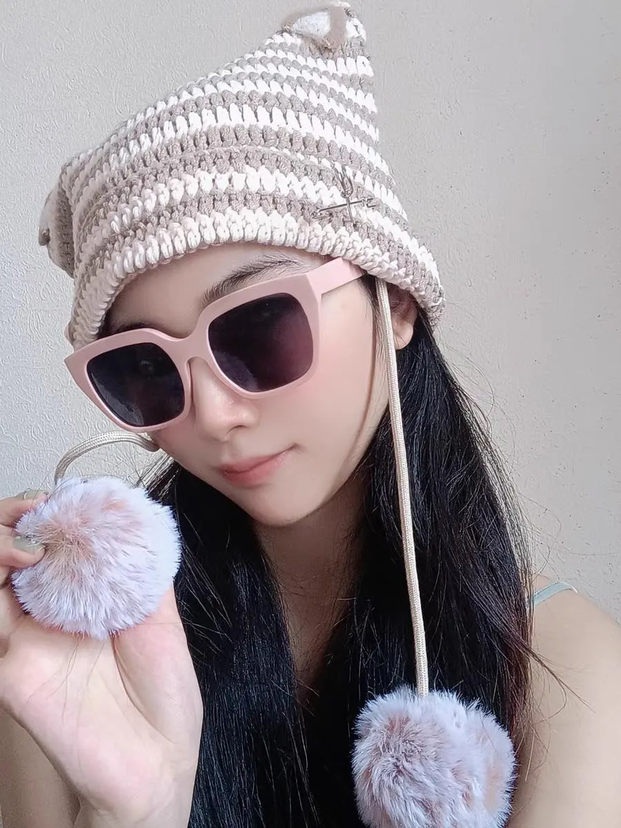 Women Y2K Cat Ear Beanie Hat with Pom Poms Star Accessories Goth Grunge Crochet Knitted Slouchy Skully Caps Alt Emo Clothes