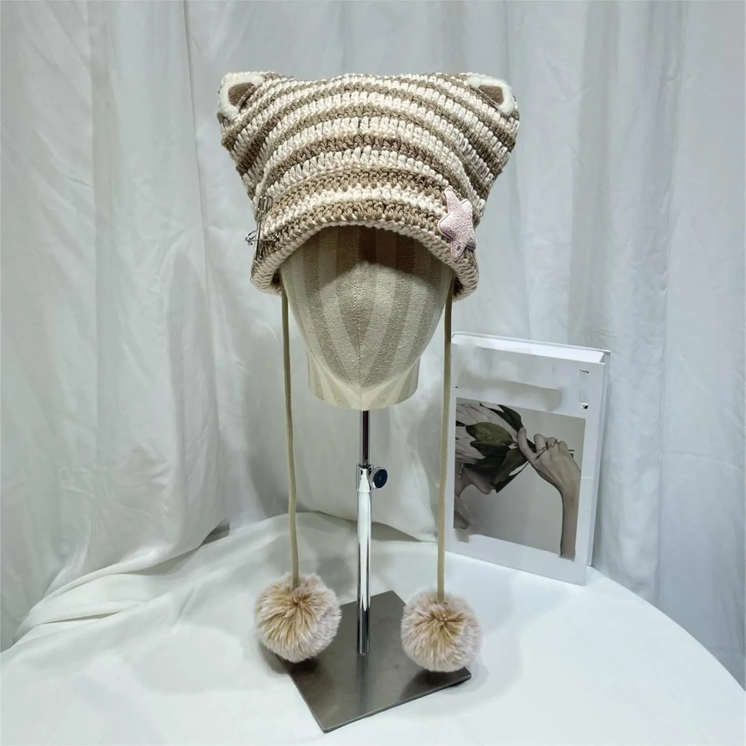 Women Y2K Cat Ear Beanie Hat with Pom Poms Star Accessories Goth Grunge Crochet Knitted Slouchy Skully Caps Alt Emo Clothes