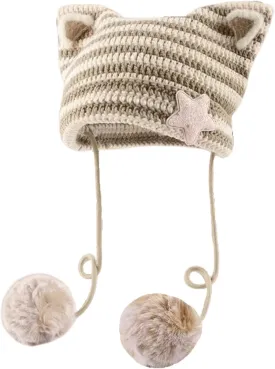 Women Y2K Cat Ear Beanie Hat with Pom Poms Star Accessories Goth Grunge Crochet Knitted Slouchy Skully Caps Alt Emo Clothes