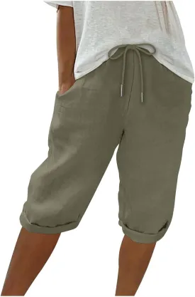 Womens Shorts 2025 Summer Linen Wide Leg Pants Drawstring High Waist Bermuda Pants with Pockets Casual Beach Shorts