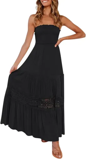 Womens Summer Bohemian Strapless Off Shoulder Lace Trim Backless Flowy A Line Beach Long Maxi Dress Dress with