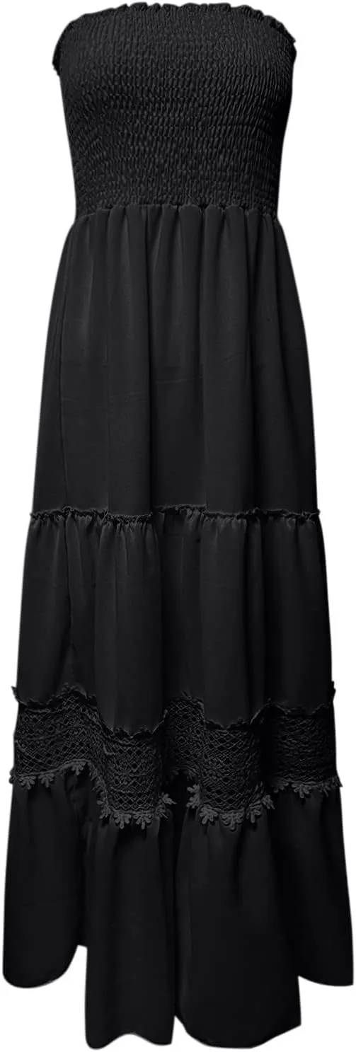 Womens Summer Bohemian Strapless Off Shoulder Lace Trim Backless Flowy A Line Beach Long Maxi Dress Dress with
