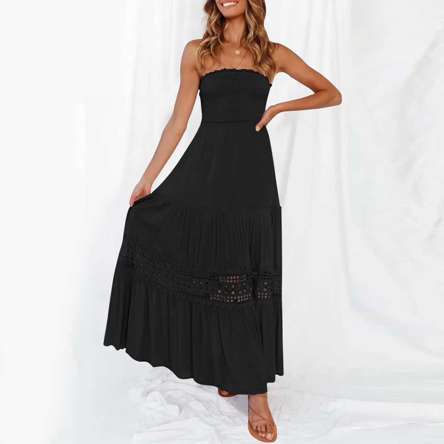 Womens Summer Bohemian Strapless Off Shoulder Lace Trim Backless Flowy A Line Beach Long Maxi Dress Dress with