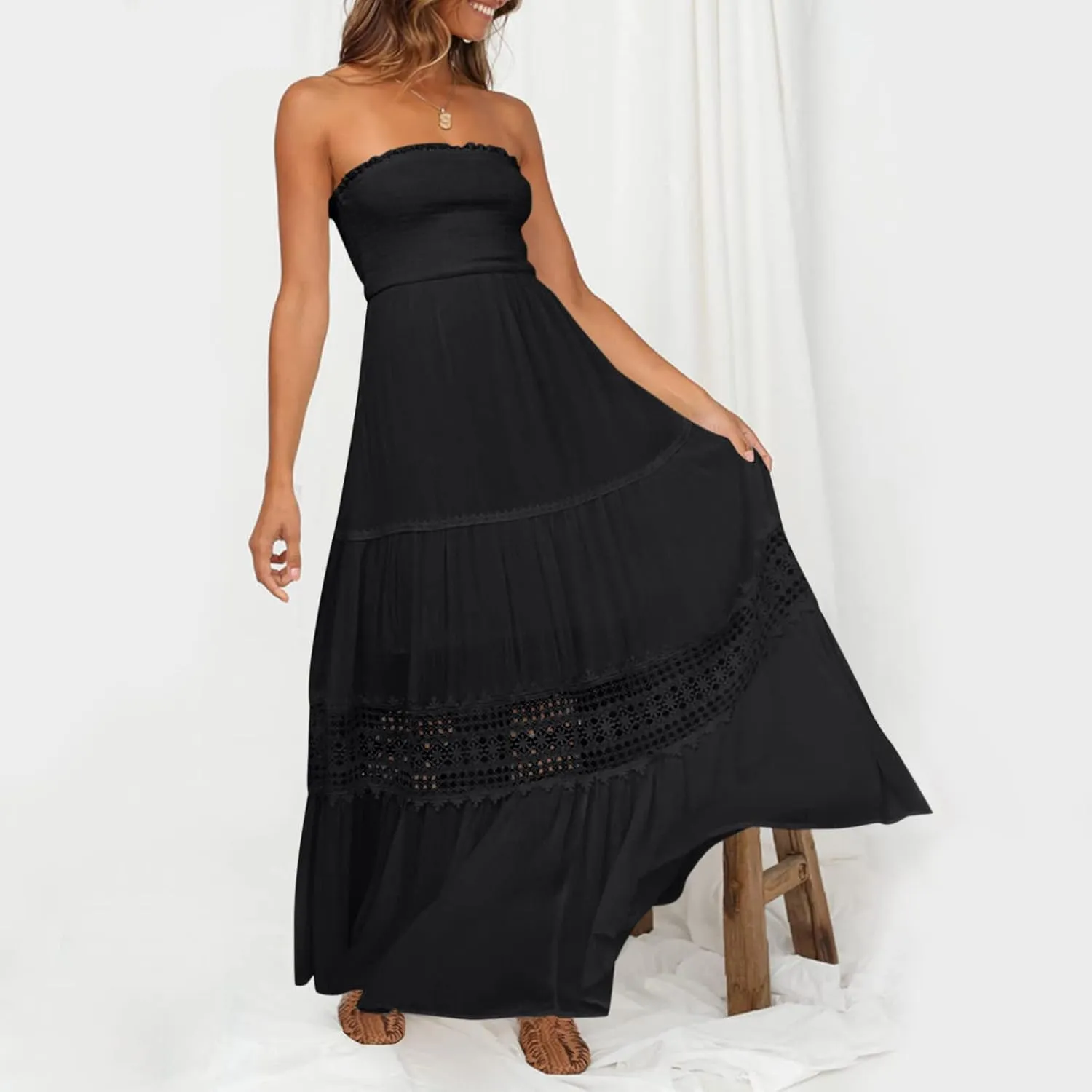 Womens Summer Bohemian Strapless Off Shoulder Lace Trim Backless Flowy A Line Beach Long Maxi Dress Dress with