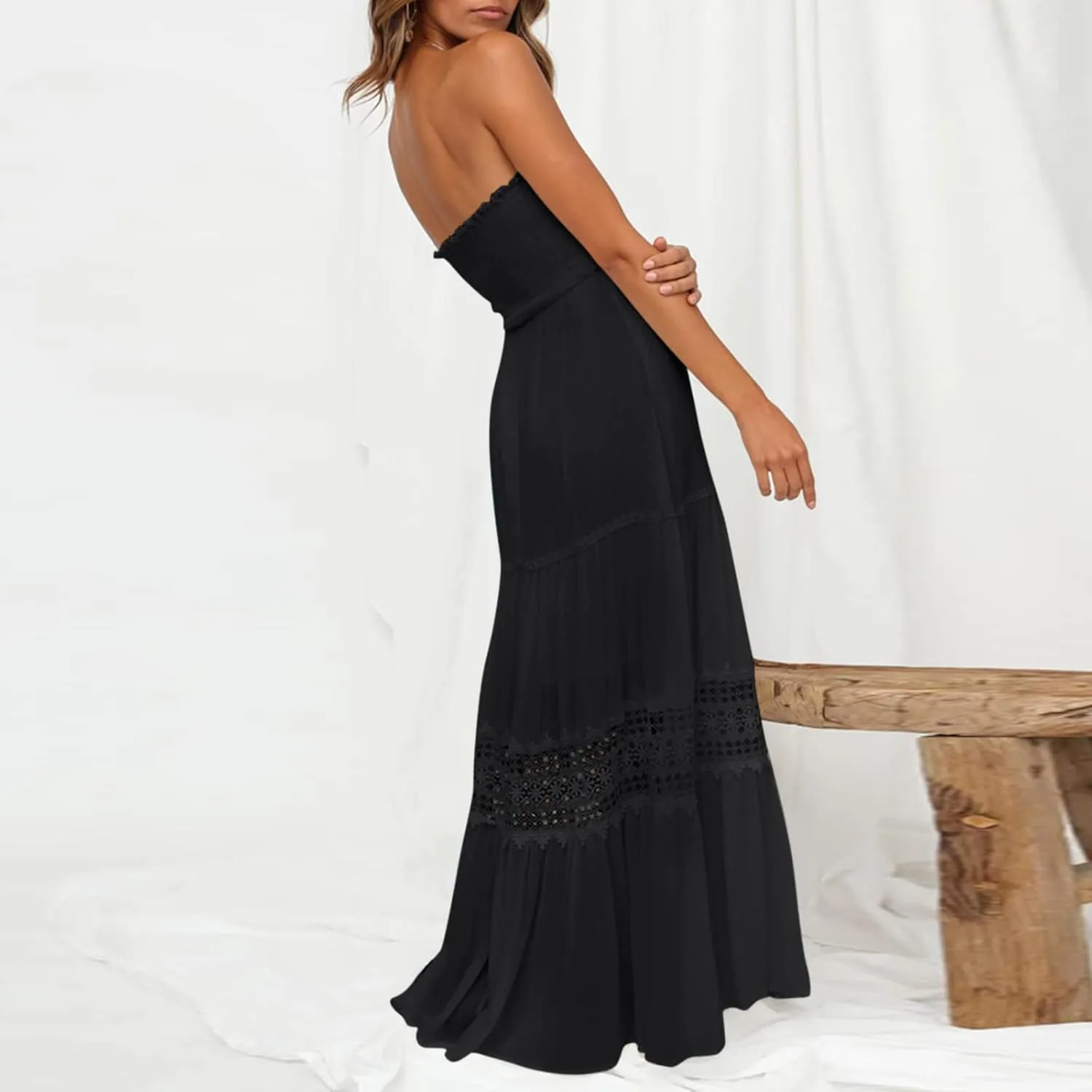 Womens Summer Bohemian Strapless Off Shoulder Lace Trim Backless Flowy A Line Beach Long Maxi Dress Dress with