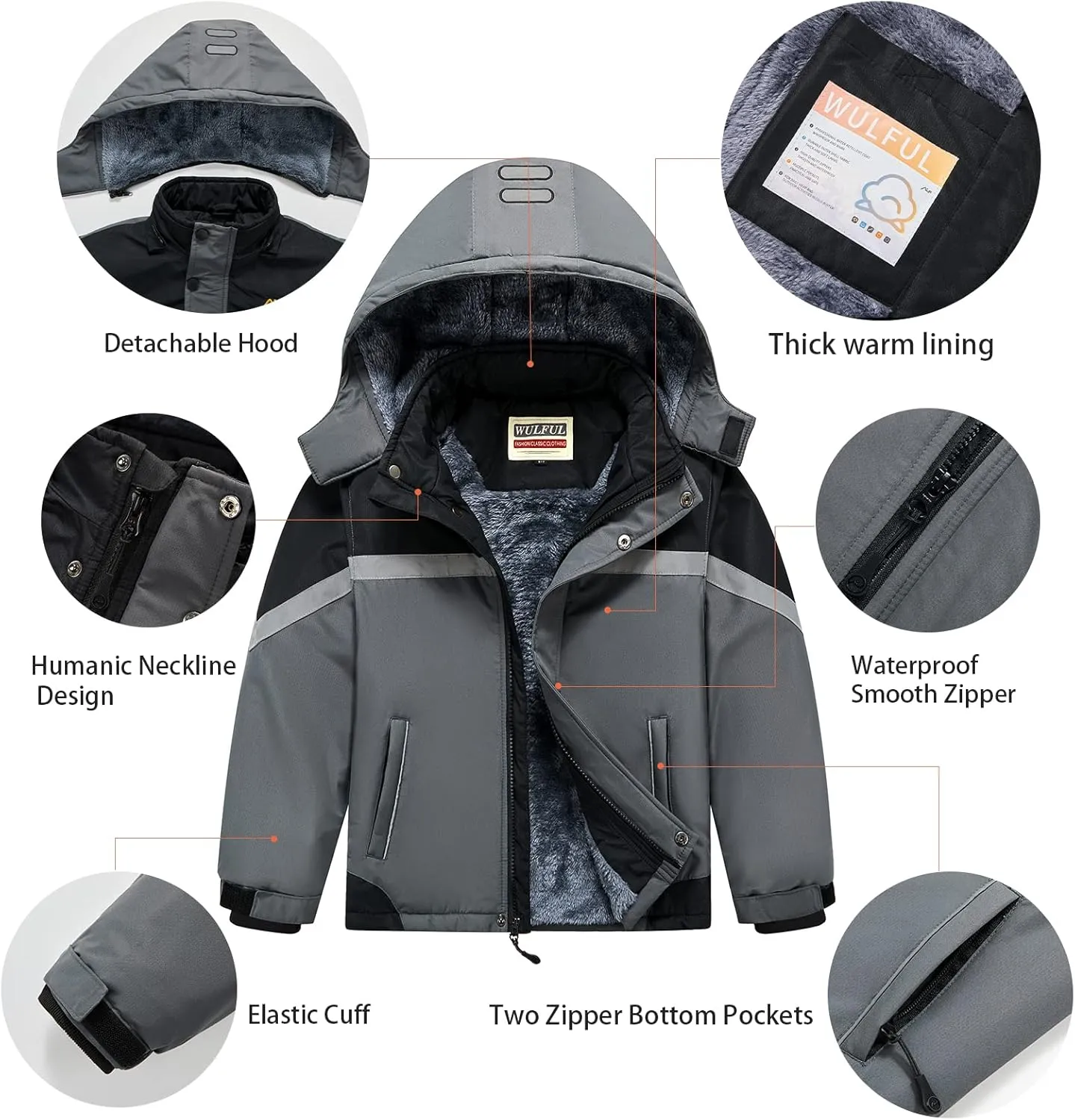 WULFUL Boy's Waterproof Ski Coat Winter Warm Snow Coat with Hood