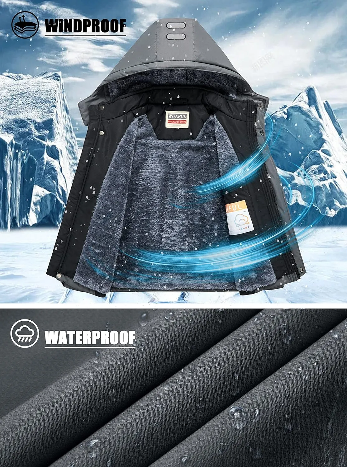 WULFUL Boy's Waterproof Ski Coat Winter Warm Snow Coat with Hood