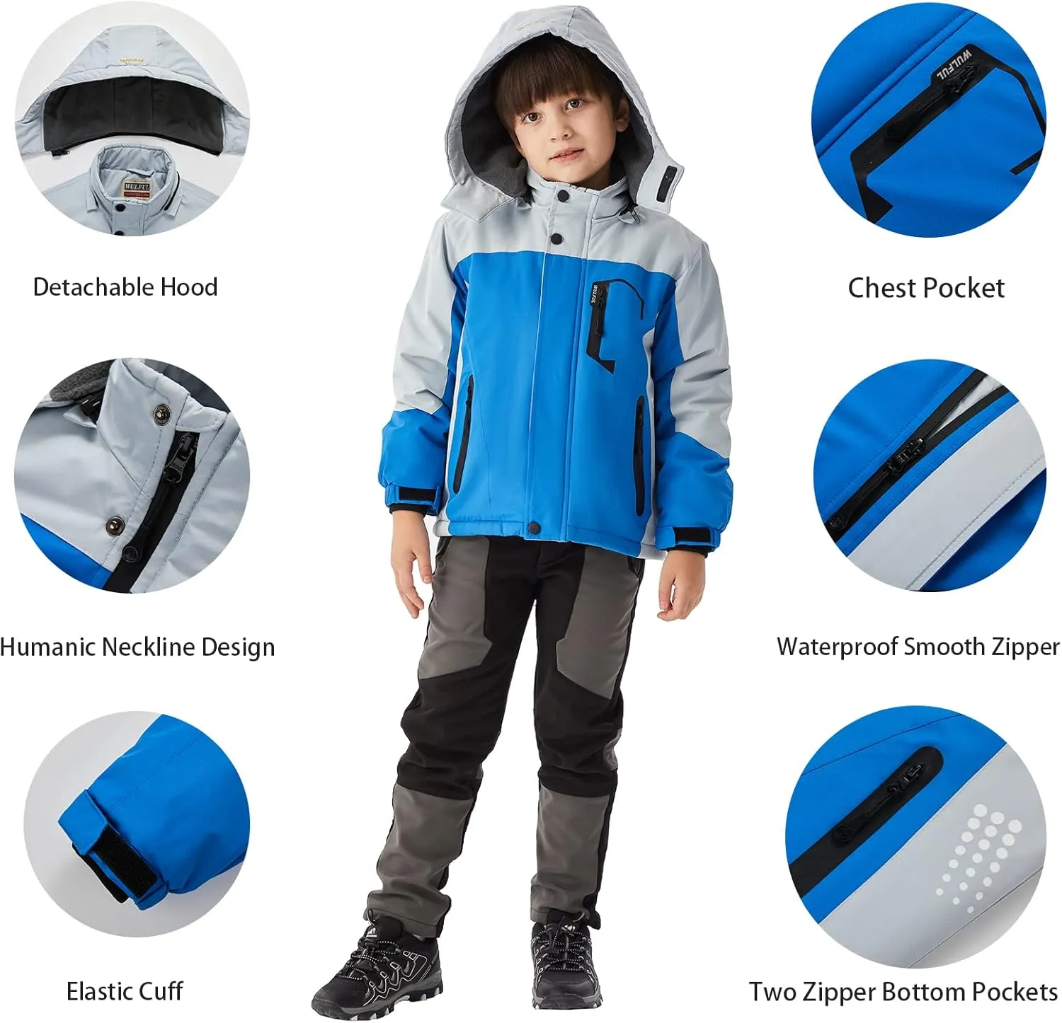 WULFUL Boy's Waterproof Ski Coat Winter Warm Snow Coat with Hood