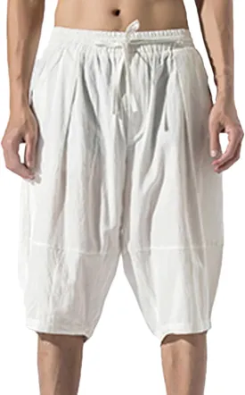 Zeiyignr Men's Cotton Linen Bermuda Shorts Casual Baggy Summer Drawstring Elastic Waist Knee Length Beach Shorts with Pockets